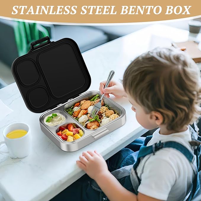 Stainless Steel Lunch Box, Leak-Proof with free sealing Bento Box 3 Compartments, Metal Lunchbox for Travel & Work, Eco-Friendly Meal Storage Solution Black
