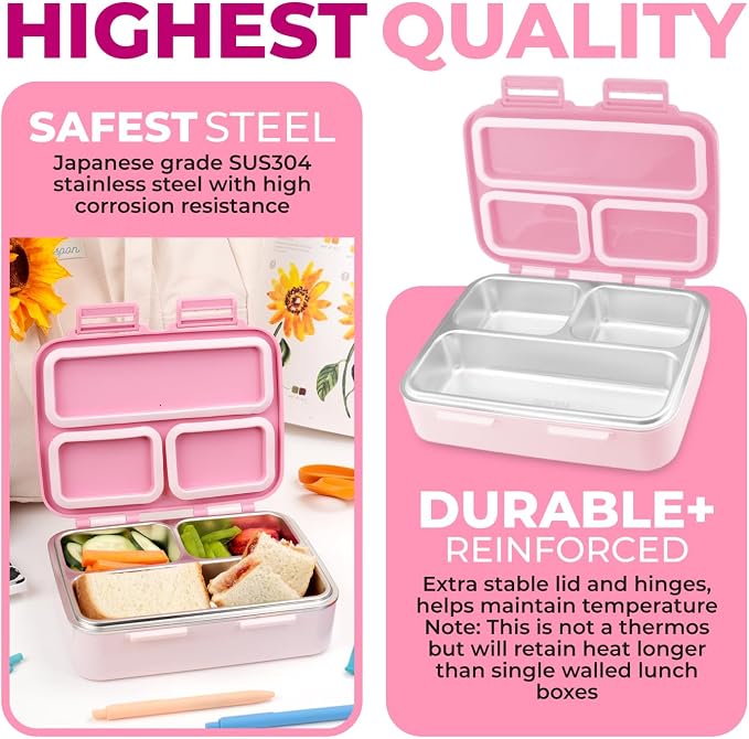kinsho Stainless Steel Bento Box Lunch Container for Kids Adults, Pink | Heavy Duty, Leakproof Silicone Seals, Eco Metal Removable Tray, Easy-Clean Design, for School or Work Meals, 26 Oz/790 mL