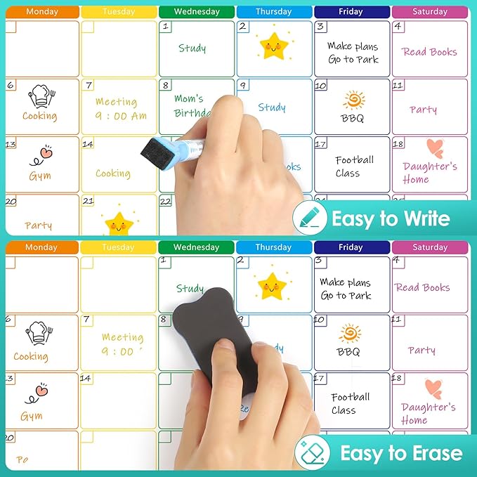 MaxGear Monthly Magnetic Calendar for Fridge, 16" X 12" Fridge Calendar Whiteboard, Reusable Magnetic Dry Erase Calendar White Board Planner for Refrigerator with 7 Fine Point Markers, 1 Eraser