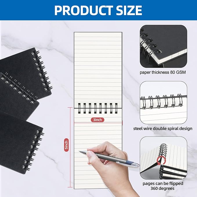 wavamawa 24 Pack Pocket Notebooks, 3x5 inch Small Notepads, Mini Spiral Notebook, Little Pocket Size, Lined College Ruled Paper, Memo Note Pads for Home, Office, School, Travel (Black)
