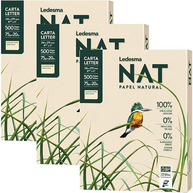 NAT Sugarcane Printer Paper – 8.5 x 11" Copy Paper, Chemical-Free - Made from 100% Sustainably Sourced, Jam Free, Acid Free, Multipurpose Recycled Office Paper, Natural Color (3 Reams/1500 Sheets)