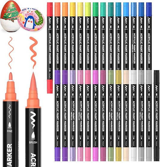 Shuttle Art 28 Colors Dual Tip Acrylic Paint Markers, Brush Tip and Fine Tip Acrylic Paint Pens for Rock, Ceramic, Wood, Canvas, Plastic, Glass, Stone, Calligraphy, Card Making, DIY Crafts
