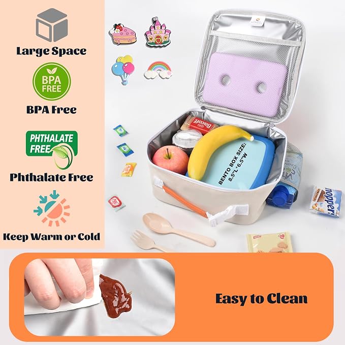 CaCTOUR Lunch Box Kids,Fun Color Lunch Box for Girls,Large Soft Cooler Lunch Bag for Kids,Back to School Thermal Insulated Lunch Tote Bag for School Daycare Outdoor (Orange Beige)