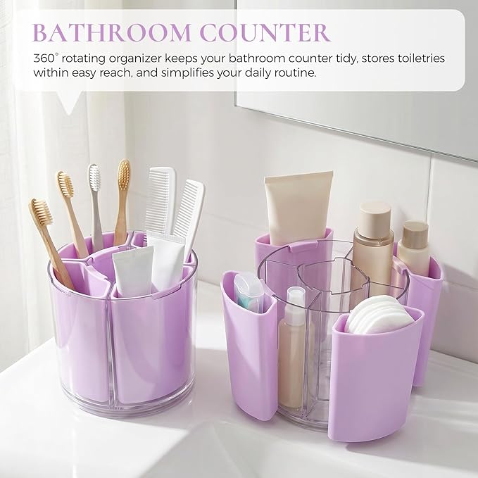 KONVINIT Purple Pen Holder for Desk, 5 Slots 360° Rotating Pen Organizer, Cute Desk Organizers and Accessories for School, Home, Office and Art Supply