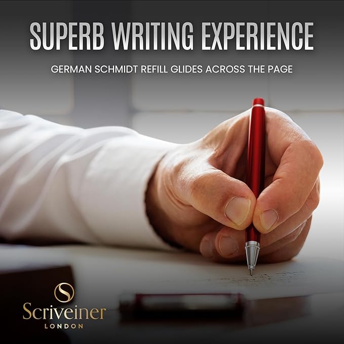 Scriveiner Personalized Deep Crimson Red Rollerball Pen - Stunning Red Lacquer Luxury Pen with Chrome Finish, Schmidt Ink Refill, Engraved Roller Ball Gift Set for Men & Women, Custom Name Engraving