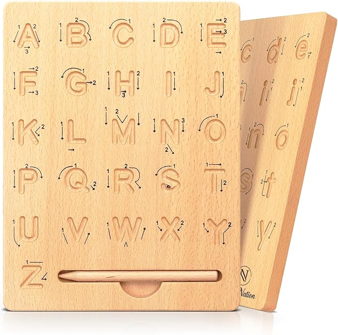 Double-Sided Wooden Alphabet Tracing Board, Premium Natural Wood, Uppercase & Lowercase Letters (16x20x1.2 cm Rectangle)