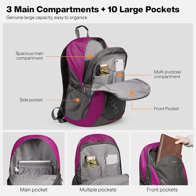 mixi 45L Ultra Lightweight Waterproof Travel Backpack, 21 inch Casual Daypack for Men Women, Durable Spacious Bag for Travel, Sports, Camping, Hiking & College, Rose Red