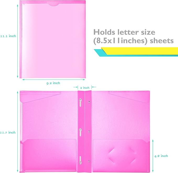 Heavy Duty Plastic Folders with Clear Front Pocket - 6PCS, 3 Pockets Folders with Prongs and Card Slot, for Letter Size Sheets, Bright Colors