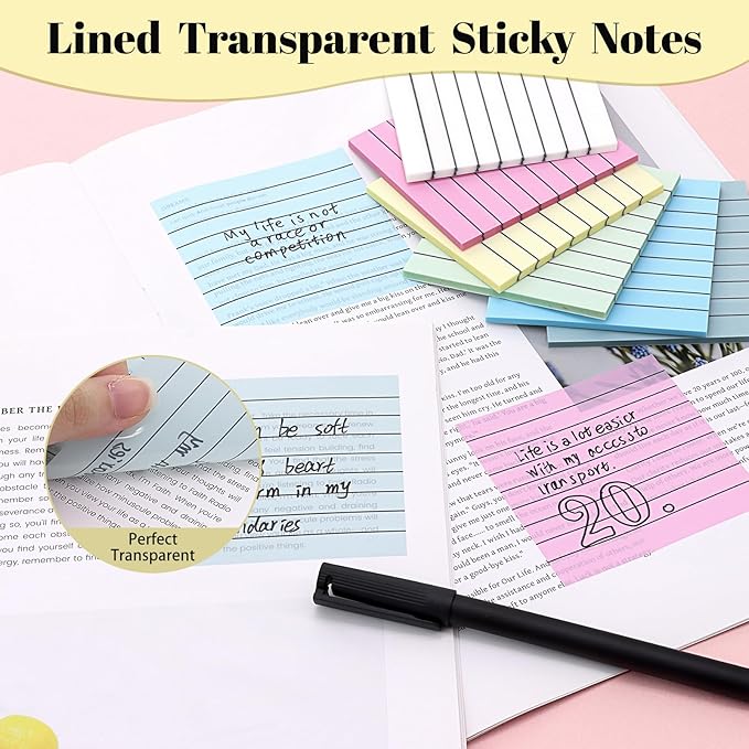 3x3 Inch Transparent Sticky Notes 300 Sheets, Clear Translucent Lined Self-Adhesive Memo See Through Reminder Pad for Office School Students Planners Journals Biblie Supplies (Lavender)