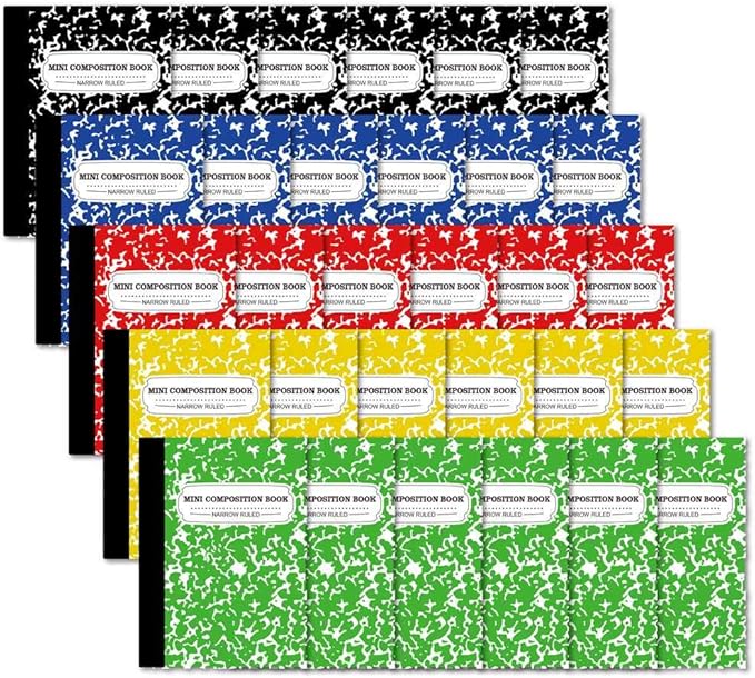feela Composition Notebook, Mini Sized 30 Pack 5 Colors Narrow Ruled Mini Composition Books Bulk, Small Pocket Marble Cute Journal Notebooks for Kids School Home Office, Pocket Sized 4.5 x 3.25 in