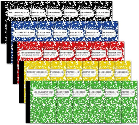 feela Composition Notebook, Mini Sized 30 Pack 5 Colors Narrow Ruled Mini Composition Books Bulk, Small Pocket Marble Cute Journal Notebooks for Kids School Home Office, Pocket Sized 4.5 x 3.25 in