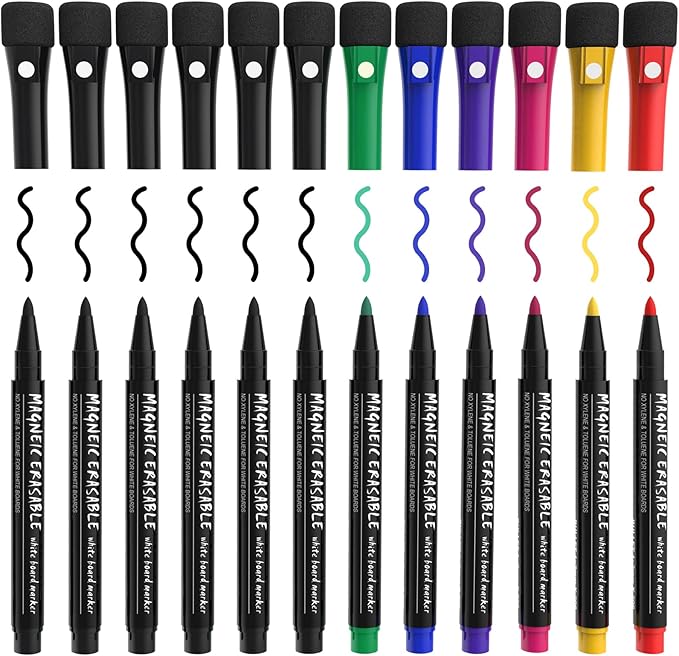 Magnetic Dry Erase Markers Fine Tip, 7 Colors (12 Pack) White Board Markers Dry Erase Marker with Eraser Cap, Low Odor Whiteboard Markers Thin Whiteboard Markers for Office Supplies
