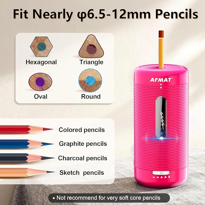 AFMAT Electric Pencil Sharpener, Fully Automatic Pencil Sharpener, Auto in & Out, Rechargeable Hands-Free Sharpeners for Jumbo & Colored Pencils (6.5-12mm), Portable for Home/Classroom/Office PSC2