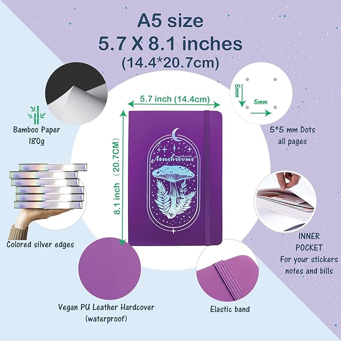 BUKE Dotted Notebook Journal 180GSM Bamboo Thick White Paper 160 Pages 5 * 5MM Dot Grid, Lay Flat Binding,Colored Silver Edges, Bookmarks and Expandable Back Pocket (BKP-1)