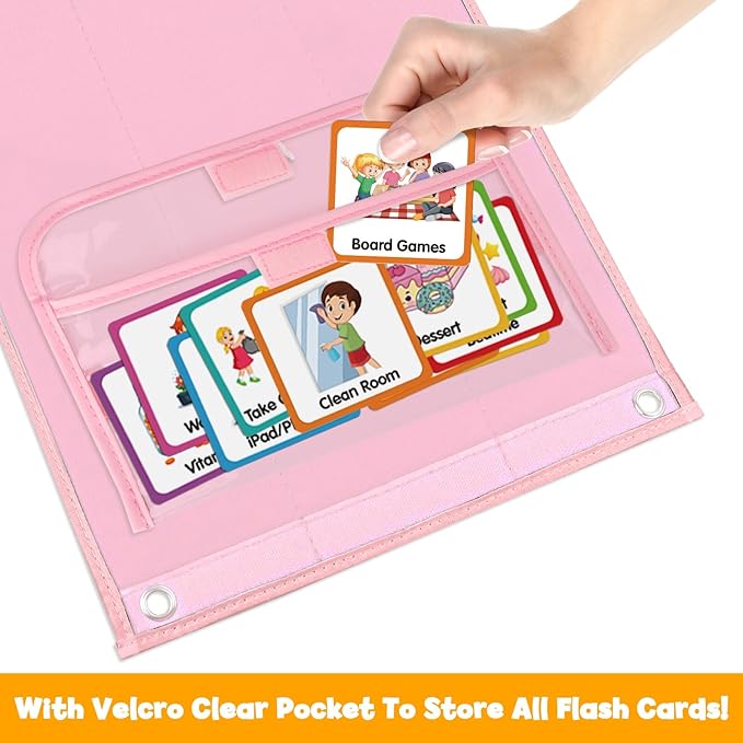 Large Visual Schedule for Kids Chore Reward Chart,Bedtime Routine Chart for Toddlers,Double Side Schedule Board with 109 Cards for Home School Planner,Autism Learning Materials (Pink)