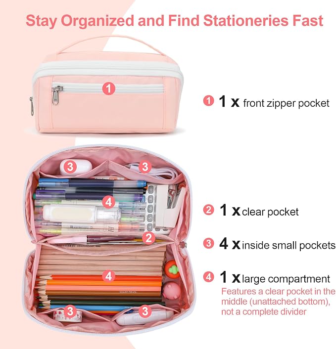 Large Capacity Pencil Case - Pencil Pouch for Teen Girls, Aesthetic Pouch Organizer with 8 Compartments, Wide Opening Marker Bag for Middle High School College, Fits Calculator, Pink