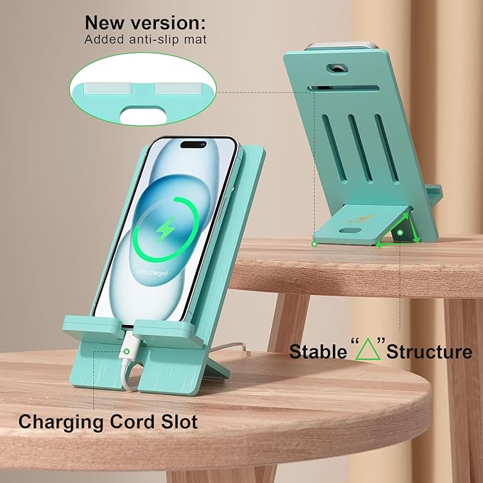 Pezin & Hulin Bamboo Cell Phone Stand, Adjustable Wood Charging Dock Holder, Portable Desktop Phone Rack, Compatible with All Phone -Slim Version(Teal)