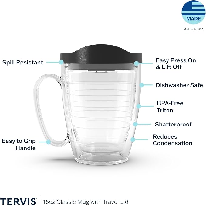 Tervis Clear & Colorful Lidded Made in USA Double Walled Insulated Tumbler Travel Cup Keeps Drinks Cold & Hot, 16oz Mug, Pink Lid