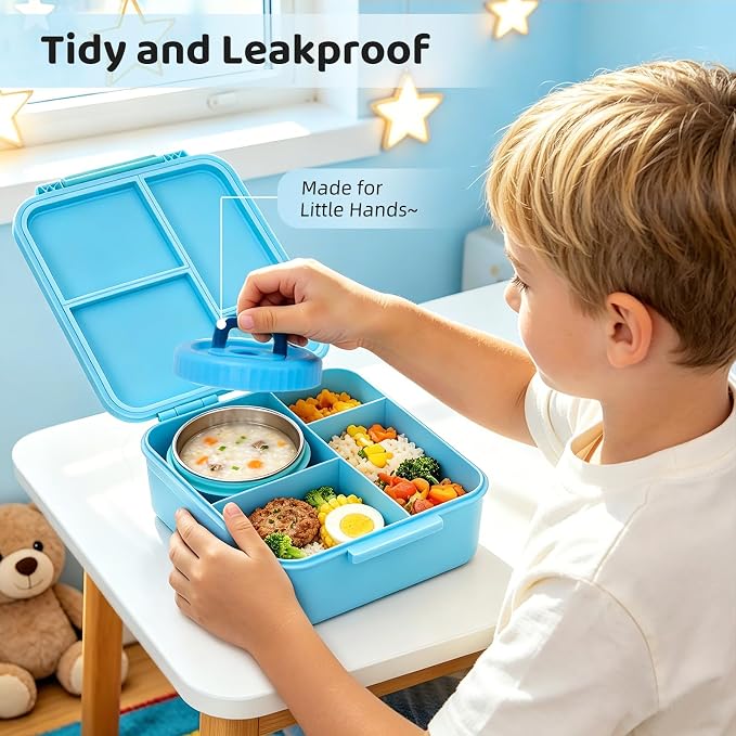 Kids Lunch Box with 12oz Insulated Food Jar, Leak-Proof Bento Box for Kids | 4 Compartments for Hot & Cold Food, Easy-Open School Lunch Container for Boys & Girls