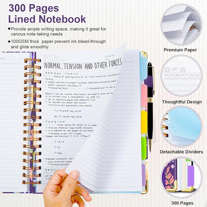 Spiral Journal Notebooks for Work, 300 Pages 5 Subject Notebook College Ruled with Dividers & Tabs, A5 Notebook Journal for Women Students Note-Taking and Organizer (Purple Floral)