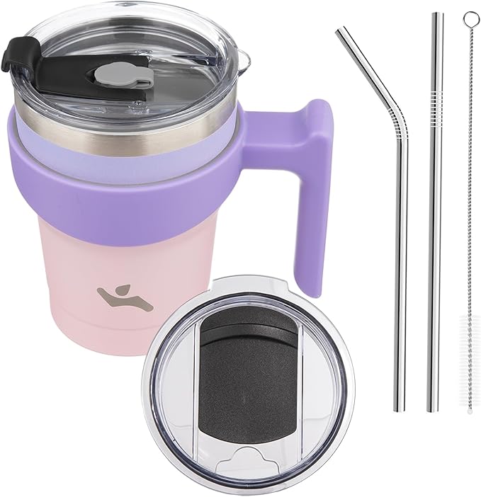 Konokyo 10 oz Tumbler with Handle and 2 Straw 2 Lid, Insulated Water Bottle Stainless Steel Vacuum Cup Reusable Travel Mug,Pastel Sunset