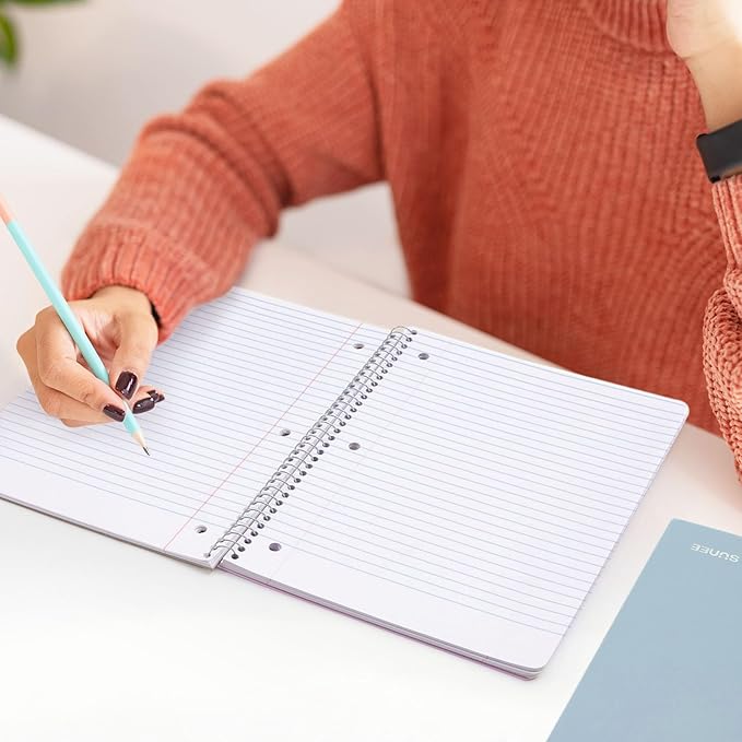 SUNEE Spiral Notebook, 1-Subject, College Ruled Paper, 8" x 10-1/2", 100 Sheets per Notebook, 3-Hole Punched Paper, Water Resistant Cover, Double-sided Pockets, Grey Blue