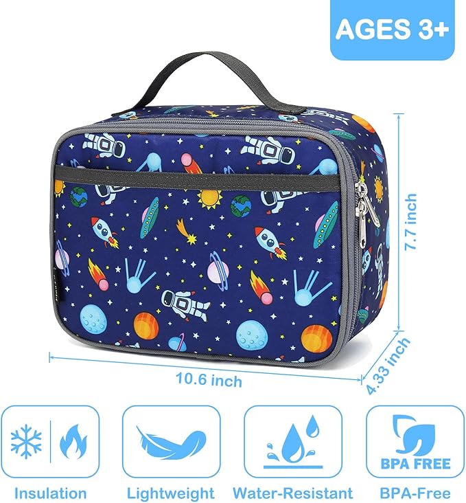 FlowFly Kids Lunch box Insulated Soft Bag Mini Cooler Back to School Thermal Meal Tote Kit for Girls, Boys, Astronaut