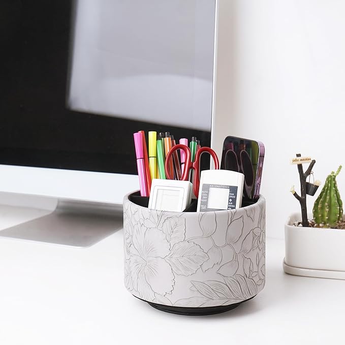 Round Leather Art Supply Organizer,Remote Control Holder,360 Degree Spinning,Multi-Functional Pencil Holder,4 Compartments Desktop Stationary Organizer(1-Carved Grey)
