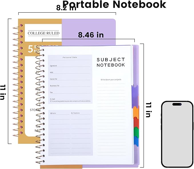 CAGIE Spiral Notebooks for School Work with Removable Dividers Tabs, 8.5” x 11” 5 Subject Notebook College Ruled, Large Lined Journaling Notebook for Women Men Writing, Purple