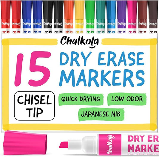 Chalkola Dry Erase Markers Chisel Tip (15 Pack, 12 Colors) | Dry Erase Pens - Non toxic, Low odor Whiteboard Markers for Kids, Teachers, Office, School, Classroom Supplies & Accessories
