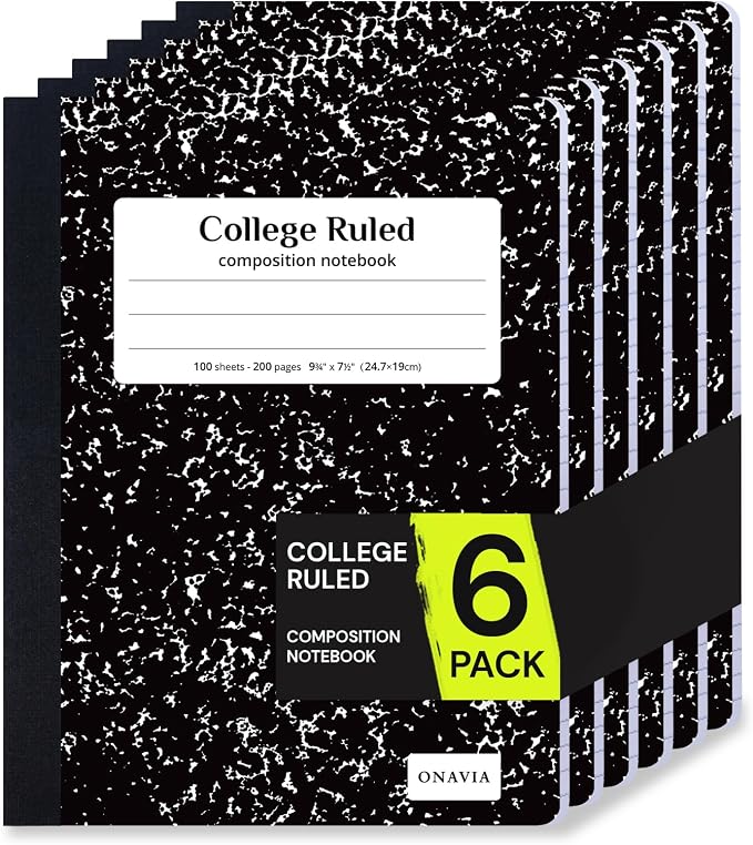 ONAVIA Composition Notebook College Ruled 6 Pack, 200 Pages, Marble Black