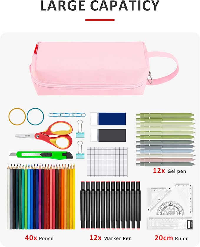 Fmeida Pencil Case Pouch - Water Resistant Pencil Pouch Portable Pencil Bag Simple Office Supplies Stationery Pouch with Handle - Light Pink