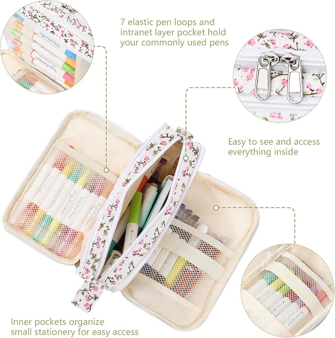 Corduroy Pencil Case, Large Capacity Pencil Pouch with 4 Compartments, Cute Soft Aesthetic Stationery Pen Bag Organizer with Zipper, Portable School Supplies for Teen and Adult Girls, Pink Flower