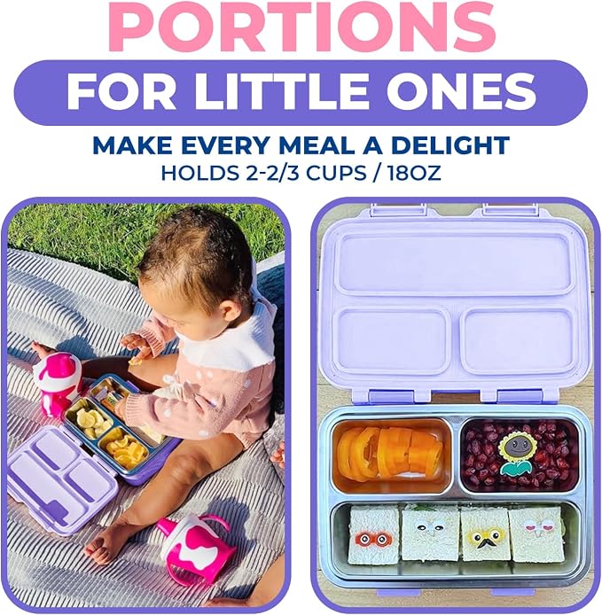 kinsho Small Stainless Steel Lunch Box for Baby Toddlers, Purple Unicorn | Mini Bento, 3 Eco Metal Portion Sections, Leakproof Lid, Spill-Proof, 18 oz Kids Girls Snack Container Pre School Daycare