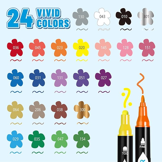 TBC The Best Crafts 24 Colors Dual Tip Acrylic Pens, Dudu Head Acrylic Paint Markers,Suitable for Paper, Pottery, Stones, Backpacks, Glass (24 Colors Dudu Head)