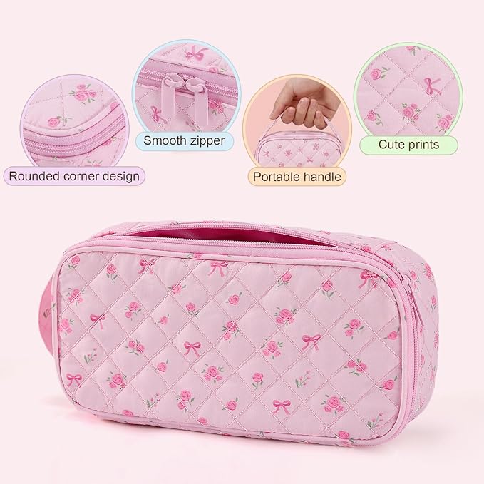 Cute Floral Quilted Pencil Case for Girls, Large Aesthetic Pen Pouch with Handle, Multi Compartment Stationery Organizer, Portable Travel Cosmetic Makeup Bag Back to School