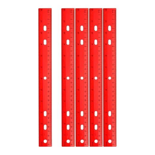 HARFINGTON 5pcs Plastic Rulers 12" (30cm) Clear Straight Ruler Measuring Tool Inches and Centimeters with Hole for Home Office Classrooms Drafting, Red