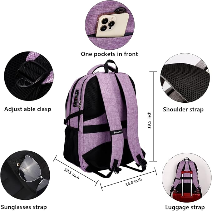 SHRRADOO Anti Theft Laptop Backpack Travel Backpacks with Combination Lock for Women Men College Backpack Computer Bag Fits 17 Inch Laptop,Purple | Travel Backpacks, usb Charging Port, College Backpack, Computer Bag