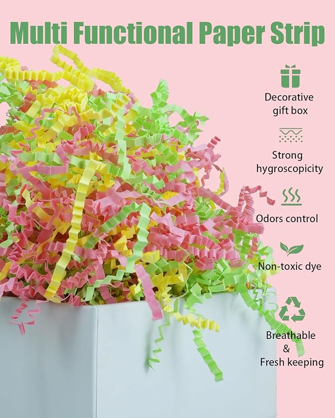 Raissily 10.5oz/300g Crinkle Cut Paper Shred Filler, Packing Grass Cushion for Wedding Birthday Anniversary Easter Engagement Gift Confetti Box Bag Basket Filling Decoration (Green/Pink/Yellow)