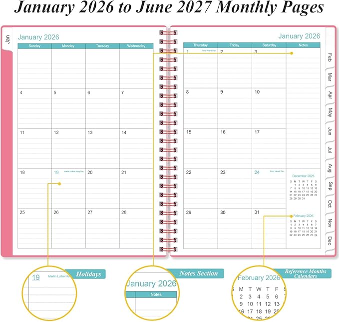 2026-2027 Monthly Planner - January 2026 - June 2027, Two Pages Per Month, 18 Monthly Calendar/Planner with Tabs, Inner Pocket, 6.4" x 8.5", Pink