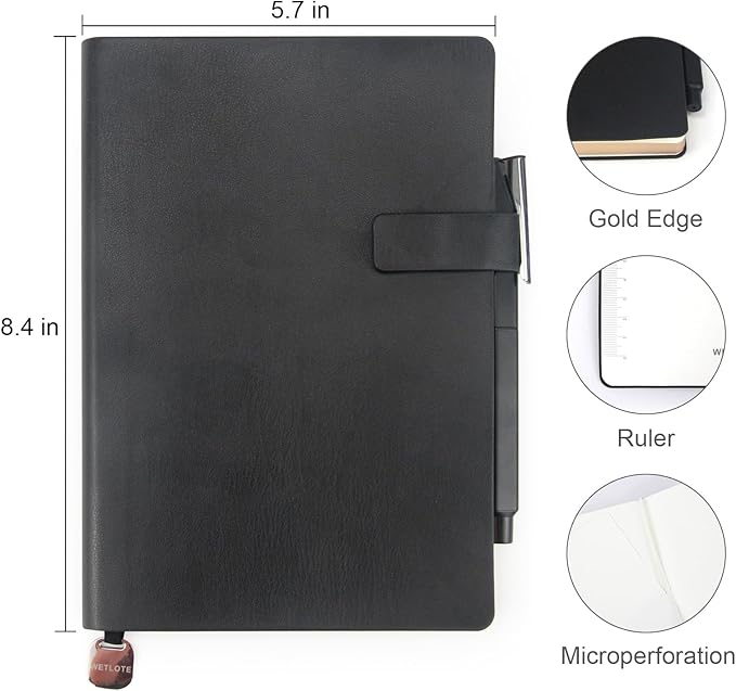 Soft Cover Leather Journal Notebook A5 Dotted 212 Pages 5x8.25 Inches with Strap Closure Travel Work School Writing Journaling Notebooks for Women Men Gift Box Packaging Black