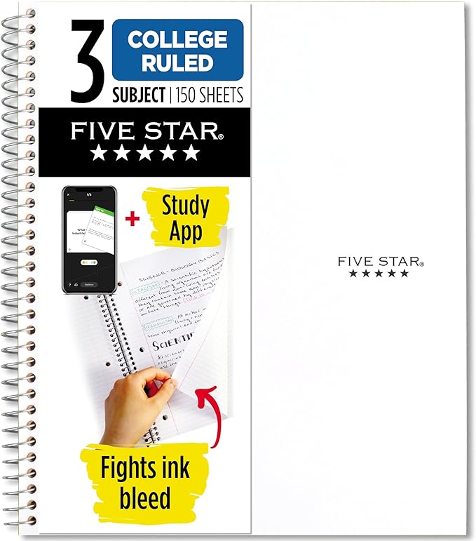 Five Star Spiral Notebook + Study App, 3 Subject, College Ruled Paper, 8-1/2" x 11", 150 Sheets, Fights Ink Bleed, Water Resistant Cover, White (72464) (Pack of 6)