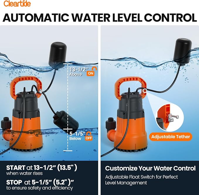 Submersible Water Sump Pump with Float Switch, 1/2 HP 3060 GPH High Flow, Ideal for Yard and Flooded Cellar, Hot Tub, Garden Irrigation, Debris-Handling up to 3/8"