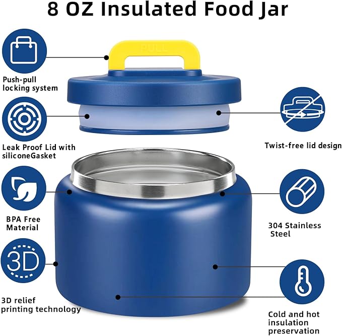 JXXM 8 Oz Thermo Food Jar for Hot & Cold Food for Kids, Insulated Lunch Containers Hot Food Jar,Leak-Proof Vacuum Stainless Steel Wide Mouth Lunch Soup Thermo for School (BLUE-Pure)