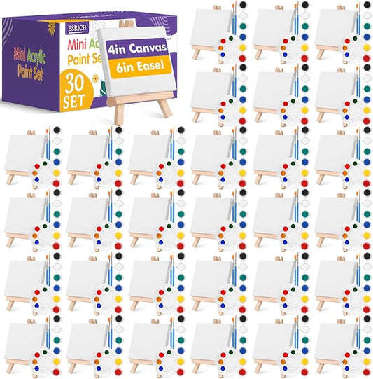 ESRICH 30 Pack Mini Acrylic Paint Kit,Canvas Painting Kit,4in Stretched Canva with 6in Easel,Acrylic Paint Strips,Palettes,Painting Brushes,Canva and Easel Set for Kids Artists Beginner,Gift