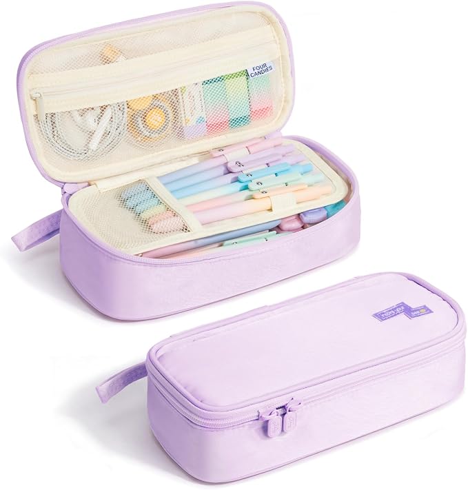 Four Candies Large Pencil Case, 5 Compartments Canvas Pen Organize | Big Capacity Pencil Pouch Bag for School Supplies, Portable Stationery Holder for Teen Girls Boy Men Women