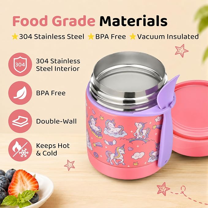 10oz Soup Thermo for Hot Food Kids Insulated Food Jar,Thermo Hot Food Lunch Container, Width Mouth Stainless Steel Lunch Box for Kids with Spoon (Pink-Cute Horse)