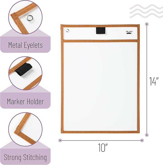 Mr. Pen- Reusable Dry Erase Pocket Sleeves, 10" x 14", 6 Pack, Multicolored Border, Clear Plastic Paper Sleeves, Ticket Holders, Clear Plastic Sheet Protectors, Teacher, School, Classroom Supplies