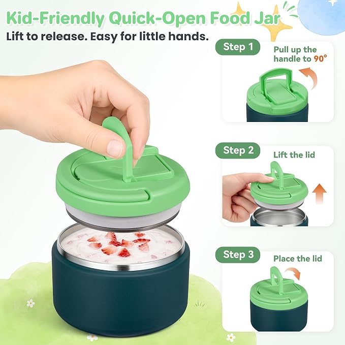 Bento Lunch Box with 8oz Soup Thermo,Kids Leakproof 4 Compartment Lunch Food Containers with Sauce Cup and Ice Pack,Kids Thermo Insulated Hot Food Jar and Lunch Bag for School,Trvael-Green