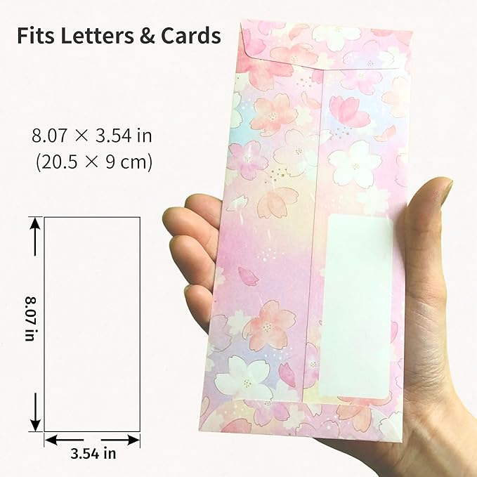 Japanese Cherry Blossom Envelopes 24 Pack (8 Pack x 3 Different Design Set), Made in Japan, Elegant Washi Paper, Self Sealing, Sakura 2026